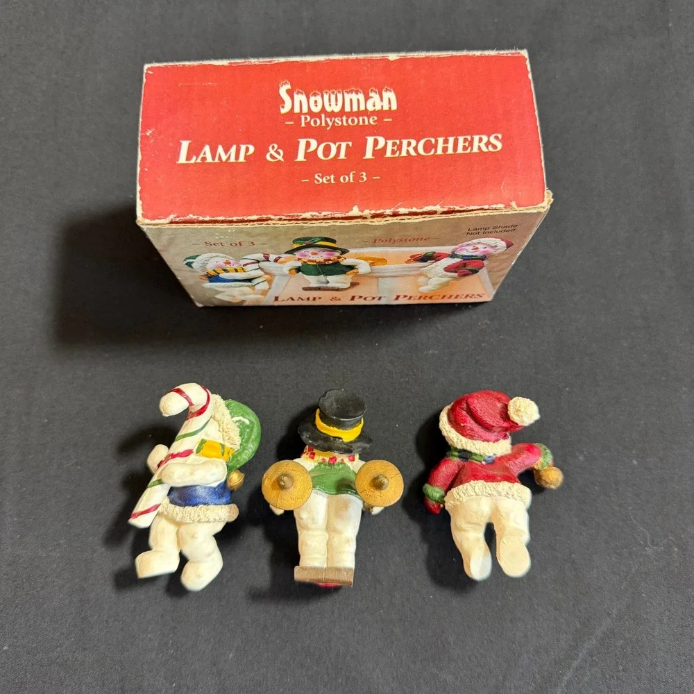 Snowman‎ Lamp & Pot Perchers Vintage Set of 3 Polystone Christmas Decor 6510